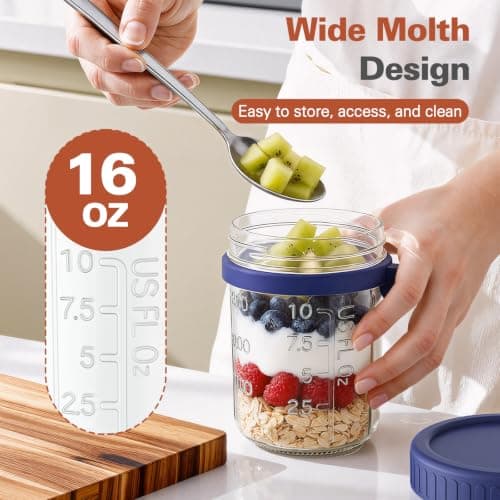 Cozyverge 4 Pack Overnight Oats Containers with Lids and Spoons, 16 oz Airtight Oatmeal Container with Measurement Marks, Overnight Oats Jars for Cereal Fruit Vegetable Milk Salad Yogurt Meal Prep - Thumbnail 3