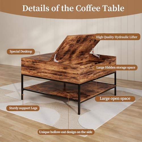 AQY 31.5" Flip Top Coffee Table with Storage, Square Coffee Tables for Living Room, Modern Farmhouse Heavy Duty Coffee Table with Large Hidden Compartment and Storage Shelves,Assembly Required - Thumbnail 3