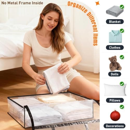 EdenDwell 4 Packs Clear Under Bed Storage Containers - 60 L Large Capacity Clothes Storage Bags with Lid & Sturdy Handles, Foldable Moving Bags, Clothing Organizer Totes for Bedding, Comforter, Sheet - Thumbnail 5
