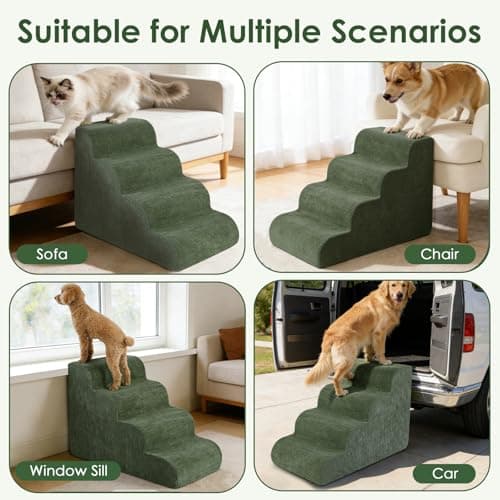 Olaivy Dog Stairs for Bed 17.7" H, 4-Step Dog Ramp for Aged and Injured Dogs, Up to 50 Lbs Foam Pet Stairs for Small Dogs and Cats to Get on Couch or Chair, Non-Slip, Steady, Washable Cover, Green - Thumbnail 5