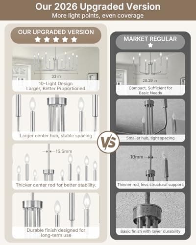 Yunnix 10 Light Brushed Nickel Chandelier, 33" Extra Large Modern Farmhouse Hanging Fixture - Sleek Silver Chandelier Dining Room Light for Kitchen Island, Living Room, Hall, Foyer - Thumbnail 5