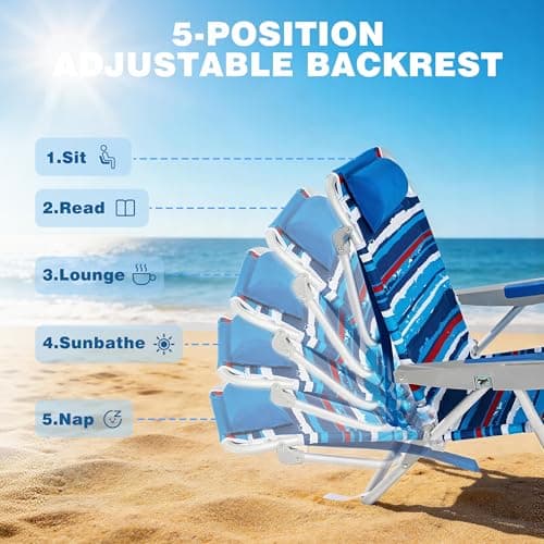SUNNYFEEL Extra Wide Low Beach Chair 2 Pack 5 Position Lay Flat 500 LBS Heavy Duty, XL Oversized Folding Camping Chairs with Cup Holder for Outdoor/Sand, Portable Backpack Beach Chair for Adults - Thumbnail 3