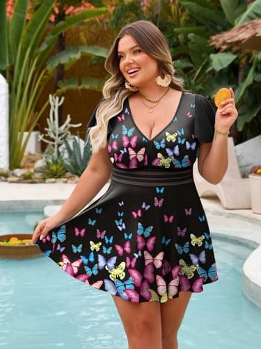 Swim Dress for Women Swimwear Vintage Tummy Control Swimsuits Swimdress with Shorts Butterfly - Thumbnail 4