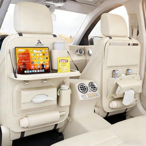 FASTAGEI Universal Premium Leather Foldable Car Backseat Organizer with Table Tray, Car Seat Back Protector with Garbage Bag Touch Screen Pad Holder, Car Kick Mats Protector with Tissue Holder (Beige) - Image 1