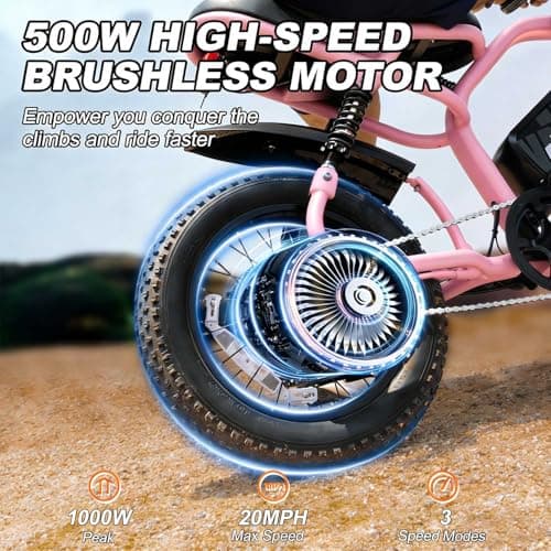AVDLBIKE Electric Bike, 16'' Fat Tire eBike for Adults, 500W E-Bike with 36V/12.8Ah Removable Battery, 20 MPH 45 Mile Range Commuting Road Electric Mountain Bike with Dual Disc Brakes Pink A13 - Thumbnail 3