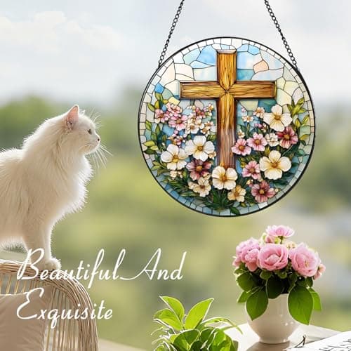 Zizzie Stained Glass Cross Suncatcher - 7.9" Real Glass Wooden-Textured Cross & Flowers Window Hanging, Weatherproof Christian Religious Decor, Sympathy Memorial Easter Gift for Mom Women - Thumbnail 6