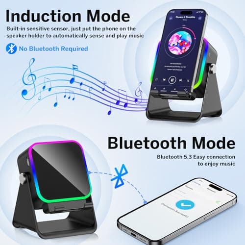 Wireless Induction Speaker 5-in-1 Bluetooth Speaker with Phone Stand,Stereo Sound, 3500mAh Rechargeable, 8 RGB Ambient Light, 360° Adjustable Holder for iPhone/Android/iPad,Gifts for Men Women (Black) - Thumbnail 2
