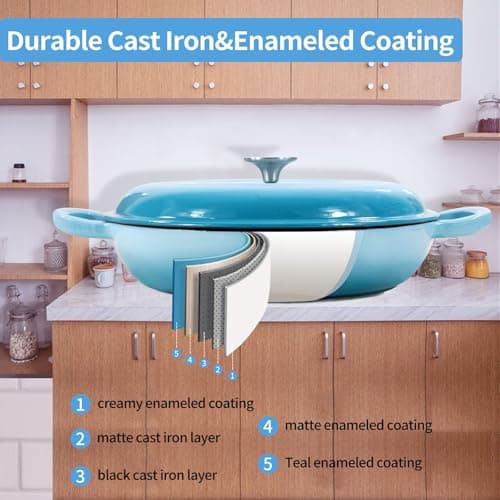 COOKWIN Cast Iron Casserole Braiser, 3.8 Quart,Heavy Duty Casserole Skillet with Lid and Dual Handles, Porcelain Enameled Surface Cookware Pot, Mother's Day Gifts for Family Light Blue - Thumbnail 5