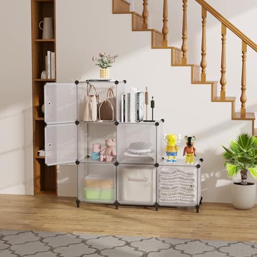 ATTDETJL Cube Storage Organizer, 6-Cube Shelves Unit with Doors, DIY Stackable Plastic Clothes Organizer for Bedroom and Under Stairs Storage Unit, Each Compartment 30 x 30 x 30 cm Striped White - Thumbnail 2