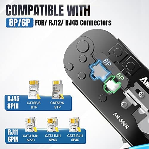 AMPCOM RJ45 Crimping Tool, 8P/6P-RJ11, RJ12 Crimper Cutter Stripper AM-568R - Thumbnail 5