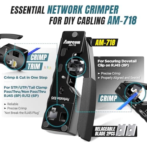 AMPCOM Ethernet Crimping Tool Kit 9-in-1 Pass Through RJ45/RJ11 Network Tool Kit for STP Cat7/6A UTP Cat6/5E/5 RJ45 Connectors with 110 Punch Down Tool Wire Stripper in Portable Waterproof Bag - Thumbnail 2