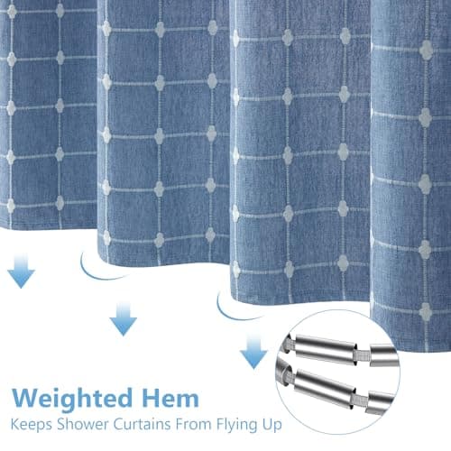 VANZAVANZU 3 in 1 Shower Curtain Set, Polyester and Linen Check Shower Curtain and Liner Set with 12 Double Sided Shower Curtain Hooks, 330GSM Luxury Weighted Cloth Shower Curtains for Bathroom - Thumbnail 3