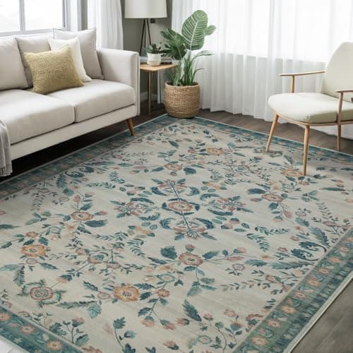 Dotiiorug Vintage Washable Area Rug for Living Room,Low Pile 5x7 Non Slip Carpet Non-Shedding Area Rug Soft Indoor Stain Resistant Rug Floral Print Mat for Bedroom Dining Room 089-Green