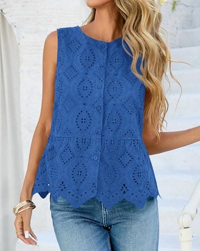 BTFBM Womens Tank Tops 2026 Summer Casual Sleeveless Button Down Shirts Embroidered Eyelet Blouse Beach Vacation Clothes(Blue, Large) - Thumbnail 6
