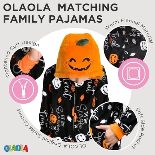 OLAOLA Halloween Family Matching Pajamas Pumpkin Trick or Treat Sleepwear Flannel Holiday Onesie Hooded Novelty Pjs - Thumbnail 2