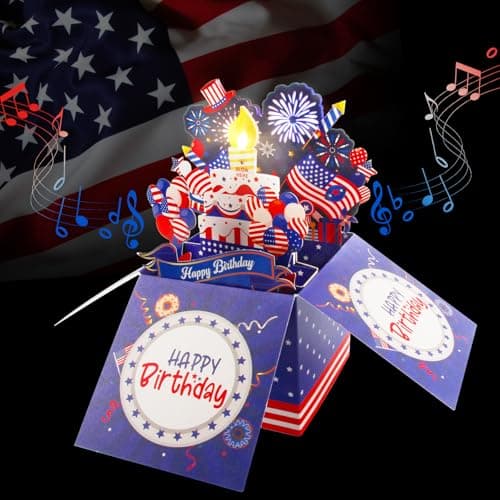 XTF2015 Happy Birthday Cards Fireworks, American Flag Birthday Card, Lights, Music 3D Pop Up Birthday Cake Gift Card with Envelope & Note Tag for Boys, Women, Men, Kids, Girls, Friends - Image 1