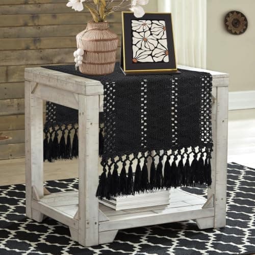 yuboo Black Table Runner 36 Inches, Small Boho Macrame Coffee Bar Mat, Modern Farmhouse Dresser Scarf with Tassels, Short Runner for Nightstand, Shoe Cabinet, Industrial Home Decor - Thumbnail 4