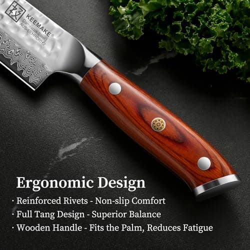 KEEMAKE Kiritsuke Chef Knife, 8 Inch Damascus Japanese Kitchen Knife with Ergonomic Pakkawood Handle, Ultra Sharp Non-Slip Cooking Knife with Ash Sheath - Thumbnail 4