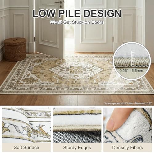 Cnythlis Extra Large Washable Area Rug Living Room Rug 9’x12’, Vintage Medallion Non Slip Water Resistant Faux Wool Carpet for Bedroom Dining Room Office, 0.26" Low Pile, Beige & Ivory - Thumbnail 6