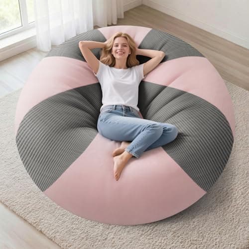 Homguava 5FT Bean Bag Chairs for AdultsTeardrop BeanBag Chair Comfy Memory Foam Bean Bags Two-Tone Distressed Velvet&Corduroy, Washable Cover for Living Room, Home (Corduroy, Light Grey/Pink) - Image 1