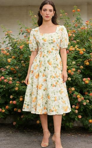 Belle Poque Apricot Floral Milkmaid Cocktail Party Wedding Guest Dress 2026 Summer Short Puff Sleeve Midi Sundress M - Thumbnail 3