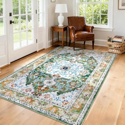 U'Artlines 5'x8' Boho Area Rug, Non Slip Washable Soft Green Carpet for Living Room Bedroom Dining Room Office Indoor Rugs for Home Decor