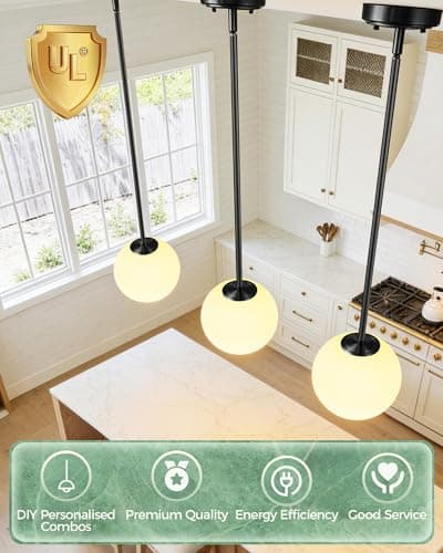 Majade Globe Pendant Lights Kitchen Island Mid Century Modern Pendant Light Fixtures 7.4 Inch Black Ceiling Lighting with Milk White Glass Shade Adjustable Hanging Light for Dining Room Living Room - Thumbnail 2