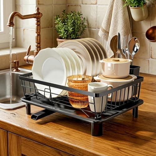 MOUKABAL Dish Drying Rack, Dish Rack, Stainless Steel Dish Racks for Kitchen Counter, Dish Drainer with Removable Utensil Holder, Drainboard (Black,11''W x 15''L) - Image 1