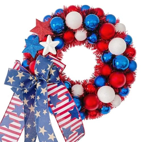 HipTree 13 Inch Patriotic Ball Wreath for Front Door with Lights, 4th of July Wreath with Red White Blue Stars & Ribbon for Memorial Day, Independence Day,Veterans Day, Flag Day,Summer Decorations - Image 1