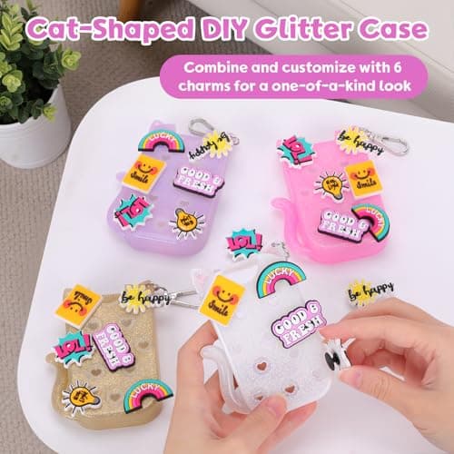 FunisFun Glitter Silicone Holder Case Compatible with Hand Sanitizer Spray 1 Fl. OZ., Adorable Cat-Shaped Keychain with 6 Charms (White) - Thumbnail 4