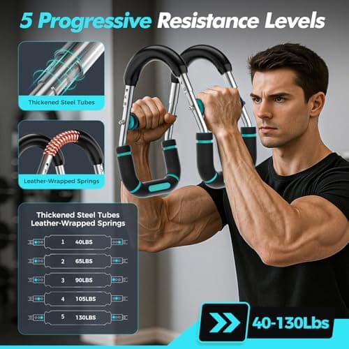 RENRUI Twister Arm Trainer Chest Workout Equipment for Men & Women, Adjustable 5 Resistance (40-130 lbs) Home Gym Strength Trainer with Anti-Slip Handles & Carry Bag (Blue&Sliver) - Thumbnail 3