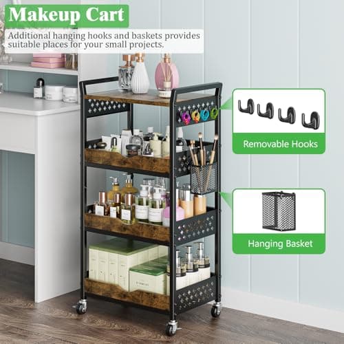 MJIMKE 4-Tier Utility Rolling Cart with Wheels - Kitchen Organizations and Storage Metal Cart, Detachable Fruits Coffee Snacks Art Craft Storage Cart for Bathroom, Pantry & Laundry, Black - Thumbnail 5