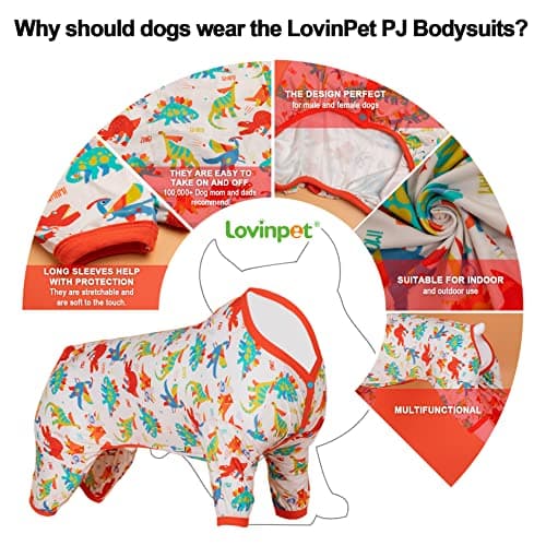 LovinPet Large Dog Pajamas, Undershirt for Dog Coats, Anti Licking, Pitbull Clothes, Pet Anxiety Calming Onesies for Dogs, White Dinos Print, Pet Pajamas for Dogs, Pitbull Shirt, 3XL - Thumbnail 4