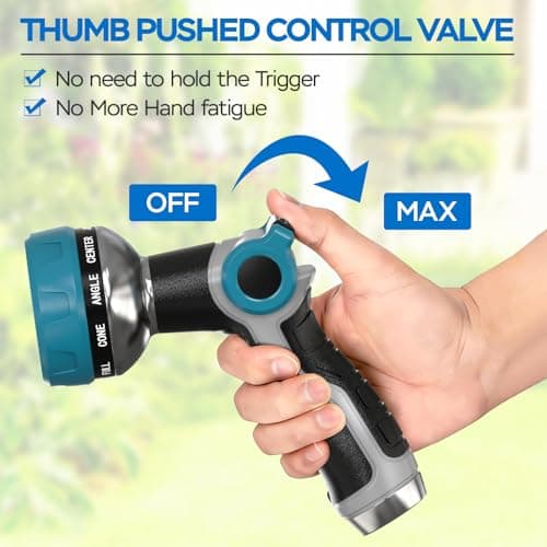 Heavy Duty Garden Hose Nozzle - 10 Spray Patterns, Thumb Control Water Pressure, Semi-Metal Construction Ergonomic Anti-Slip Handle, hose nozzle for Watering Plants, Car Wash, Pet Shower - Thumbnail 4