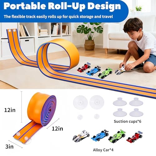 FUTESI Flexible Race Car Track for Kids 15 Ft Flex Tracks Starter Set Compatible with Diecast 1/64th Cars Portable Rolls Up Race Tracks with Strong Suction Cups Birthday Gifts for Boys Girls Ages 3+ - Thumbnail 3