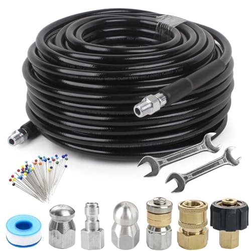 NAMOTEK Sewer Jetter Kit for Pressure Washer 50FT Drain Cleaner Hose 5800PSI NPT 1/4 Inch Hose Button Nose and Rotating Sewer Jetting Nozzle, Orifice 4.0, 4.5 - Image 1