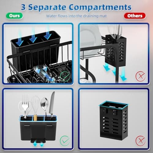 GAOKASE Dish Drying Rack, Stainless Steel Space-Saving Dish Rack, Dish Racks for Kitchen Counter, Kitchen Dish Drainers with Removable Utensil Holder,New Drain Outlet,Plate Rack and Drainboard, Black - Thumbnail 6
