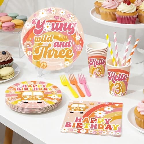 Yingoto 362pcs Young Wild and Three Party Decorations Tableware Set, 25pcs Wild and Three Party Decorations Plate Napkins Tablecloth for 3 Year Old Birthday Decorations Girl, 50 Guests - Thumbnail 5
