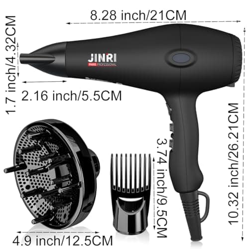 Hair Dryer - JINRI 1875W Diffuser Blow Dryer for Salon & Personal Use – Powerful, Fast Drying with Diffuser & Nozzle and Comb for Women & Men, ALCI Safety Plug, Black-Blue - Thumbnail 2