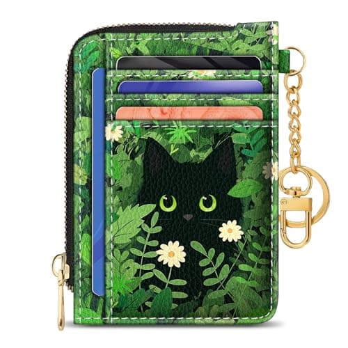 GIANCOMICS Slim Wallet Credit Card Holder Women, Black Cat Flower Rfid Blocking Small Card Case, Keychain Thin Pocket Curved Zipper Wallet, Travel Card Holder PU Leather ID Window, Ladies Female Gift - Image 1