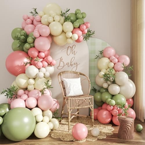Sage Green Pink Yellow Pastel Balloon Arch Kit, 124Pcs Dusty Blush Macaron Yellow Sand White Pink and Green Balloons for Wildflower Baby Shower Wedding Bridal Birthday Gender Reveal Party Decorations - Image 1