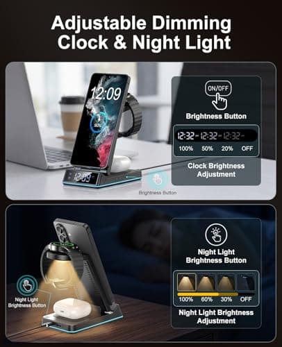 Wireless Charger for Samsung,7 in 1 Wireless Charging Station Foldable Fast Charger Stand with Night Light/Alarm Clock for Samsung Galaxy S26/S25/S24/S23/S22/S21/Galaxy Watch Ultra/8/7/6 Galaxy Buds - Thumbnail 3