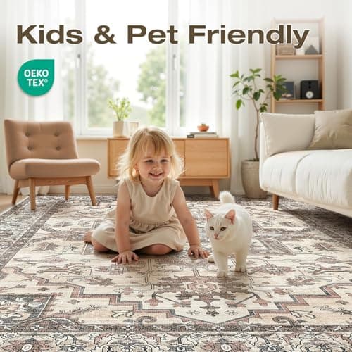 Jessibou 5x7 Area Rugs Living Room: Washable Vintage Rug Large Non-Slip Stain Resistant Ultra Soft Low Pile Pet Kids Friendly Carpets for Bedroom Dining Room Nursery Home Office Decor - Light Brown - Thumbnail 3
