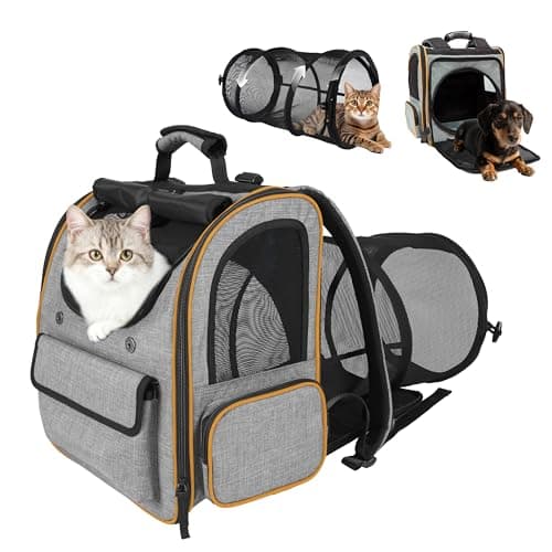 Cat Backpack Carrier with Detachable Round Play Tunnel, 2 in 1 Expandable Cat Backpack with Breathable Mesh,Cat Carrying Backpack for Cat 17lbs & Small Dog 13lbs,Grey Orange. - Image 1