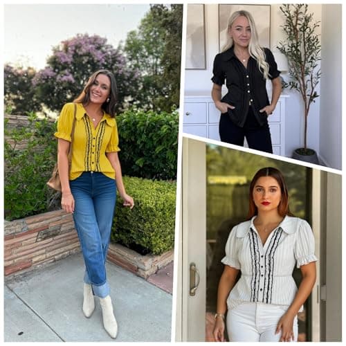 ECOWISH Women's Button Down Shirt - Peter Pan Collar Cotton Blouse Summer Dressy Short Sleeve Loose Fit Work Tops Yellow XL - Thumbnail 5