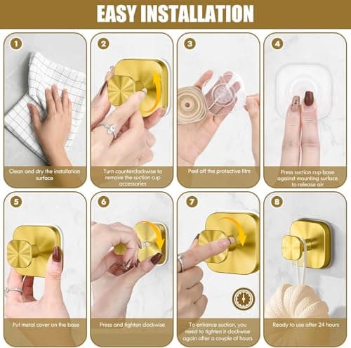 MOTAIPEAK Suction Cup Hooks for Shower, Shower Hooks for Inside Shower, No Drill Strong Hold Towel Hooks, Waterproof Removable Hooks for Bathroom Wall, Glass, Tile, Door – Gold (4 Pack) - Thumbnail 6