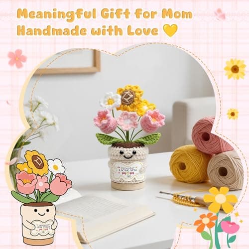 Gifts for Mom, Mothers Day Gifts for Mom from Daughter Son, Mom Birthday Gifts, Crochet Flower Pot, Handmade Knitted Sunflower Tulip, Cute Mom Gifts Desk Decor Emotional Support Gift - Thumbnail 4