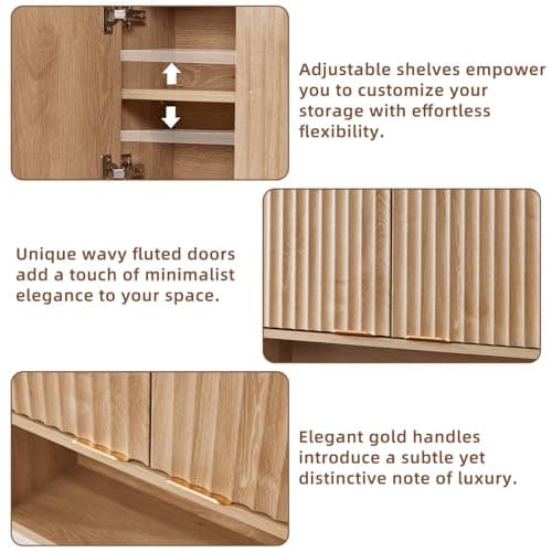 LEYAOYAO Fluted Bathroom Wall Cabinet, Wall-Mounted Medicine Cabinet with Adjustable Shelf & Doors, Farmhouse Floating Over the Toilet Storage Cabinets for Laundry Room, Kitchen, Living Room (Natural) - Thumbnail 3