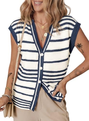 Dokotoo Sweater Vest Striped V Neck Button Vest for Women Going Out Tops Sweater Vest Knit Cardigan Sweaters for Women Blue Large - Image 1