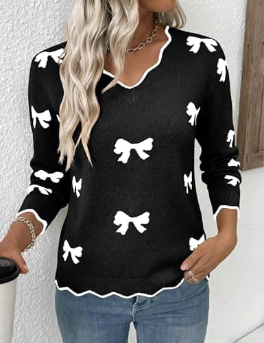 LaGracia Womens Fall V Neck Sweater 2026 Lightweight Casual Long Sleeve Ribbed Knit Pullover Sweaters Dressy Fall Outfits Black-Bow M - Thumbnail 3